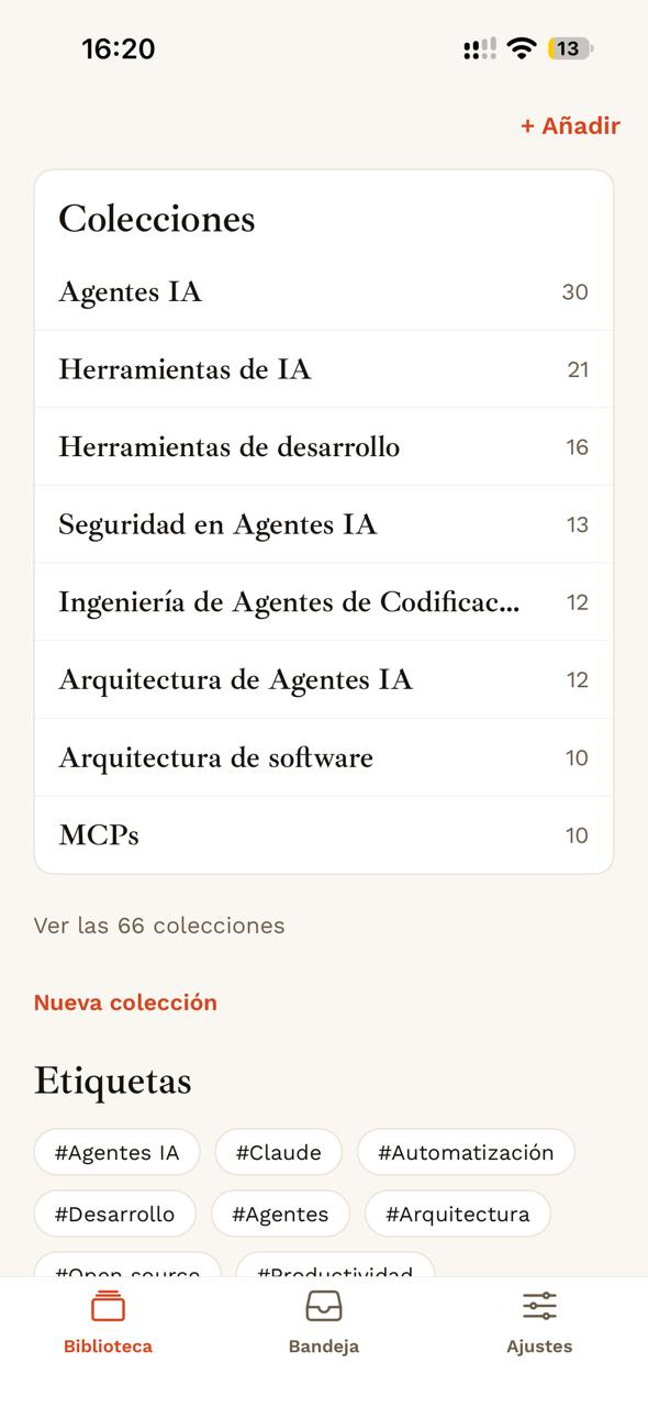 Cala móvil mostrando las colecciones y etiquetas