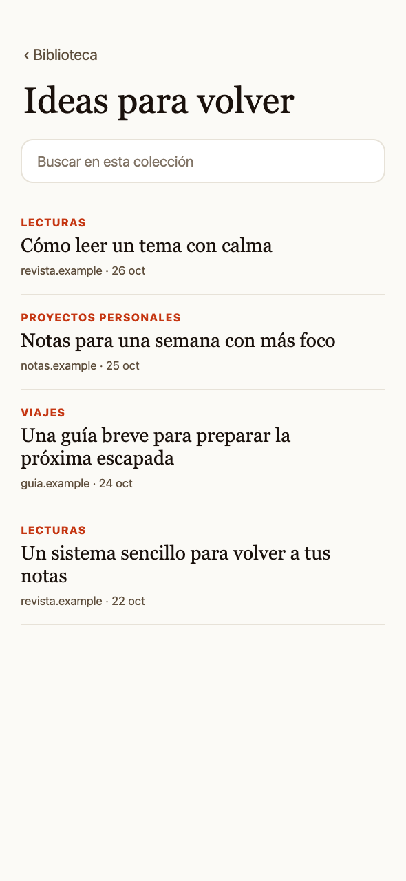 Cala móvil mostrando la colección Ideas para volver